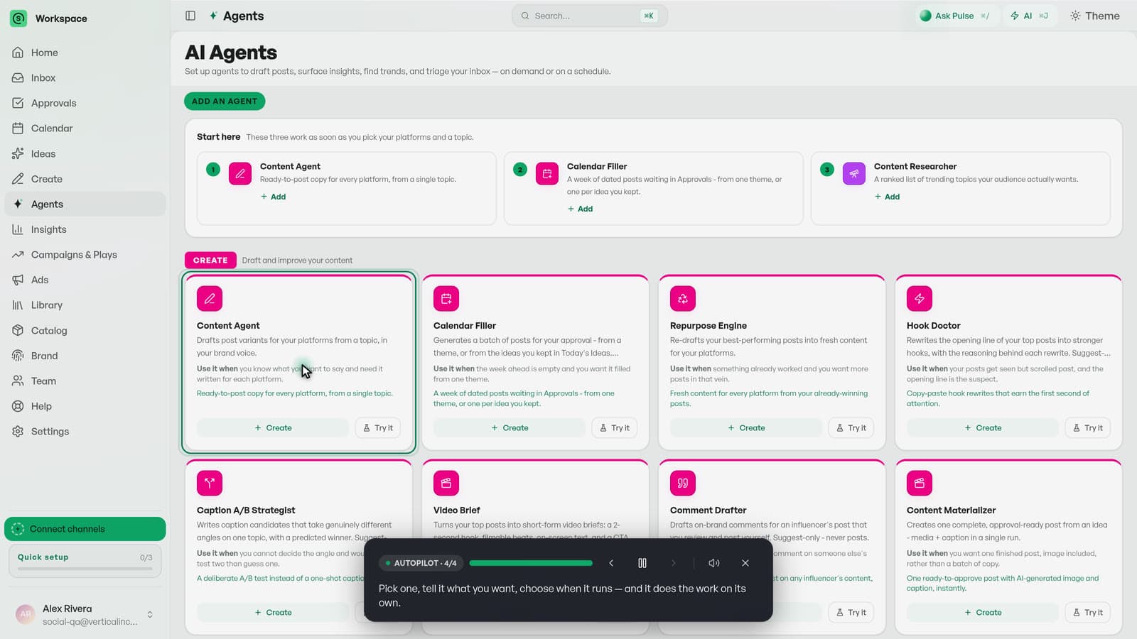 The Socialsmith agents screen: Content Agent and Growth Scout running on a daily schedule with their last runs, above the catalogue of specialist agents