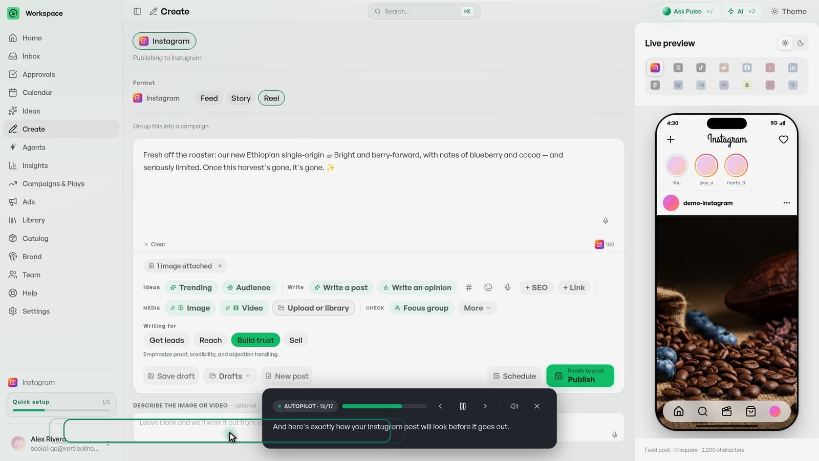 The Socialsmith composer taken end to end: channel and caption, an AI-generated image dropped into the post, the pre-publish review, and publishing to Instagram